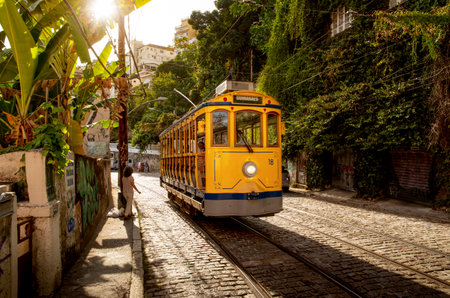 Rio de Janeiro, Brazil - December 21, 2017: Old yellow tram on the street of Rio de Janeiro, Brazilのeditorial素材