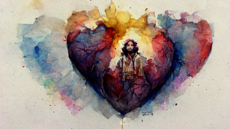 Watercolor painting illustration of heart of Jesus Christの写真素材