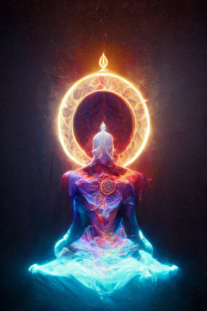 Concept art illustration of enlightment spiritual awakening through meditationの写真素材