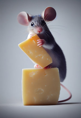 Concept art illustration of gray mouse holding piece of cheeseの写真素材