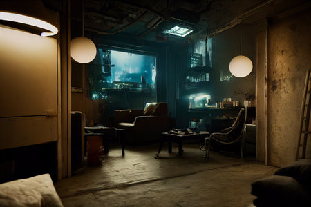 Concept art illustration of apartment living room interior in cyberpunk styleの写真素材