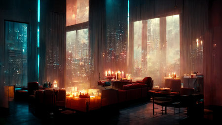 Concept art illustration of moody cyberpunk living room with candlesの写真素材