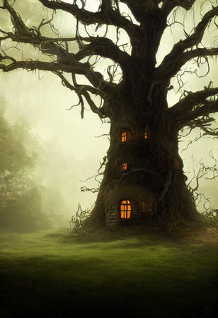 Concept art illustration of witch house in a treeの写真素材