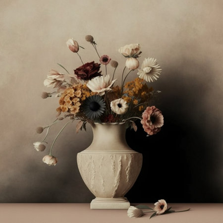 Concept art illustration of beautiful dry flowers, grass and twigs in ceramic vaseの写真素材