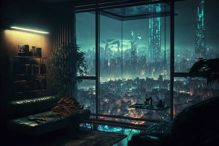 Concept art 3d illustration of cyberpunk apartment interiorの写真素材