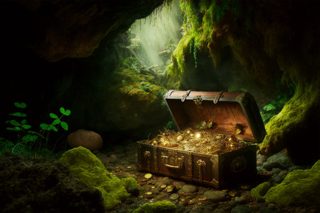Generative AI illustration of pirates treasure chest full of gold in caveの素材