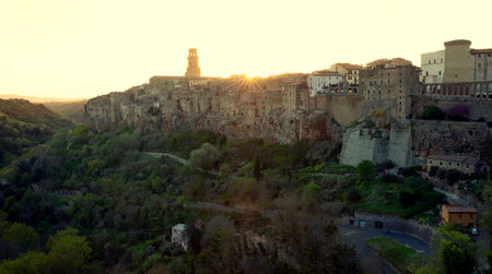 Panorama of Pitigliano town at sunset, Tuscany, Italyの写真素材