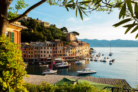 Panorama of marina bay in Portofino village, Liguria, Italyのeditorial素材