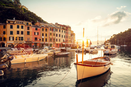 Panorama of marina bay in Portofino village, Liguria, Italyのeditorial素材