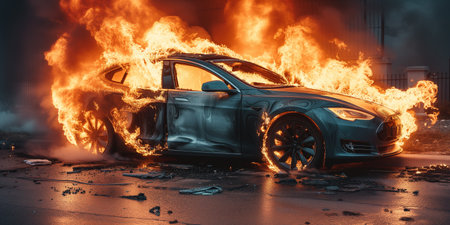 Electric car burning on the streetの素材