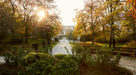 Autumn park in Balatonfured town at Balaton lake, Hungaryの写真素材