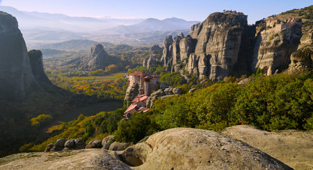 Panorama of Meteora landscape with monastery in Greeceの写真素材