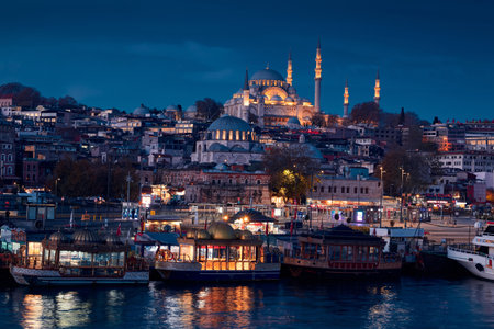 Istanbul cityscape at night with Suleymaniye mosque, Turkeyの写真素材