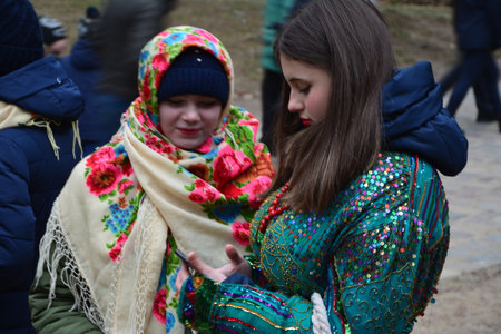 Lviv. Ukraine. January 2020. traditional Christmas performance in Ukraine for the motives of biblical stories.performance of a cheerful nativity scene. Christmas costumes perform in the square.のeditorial素材