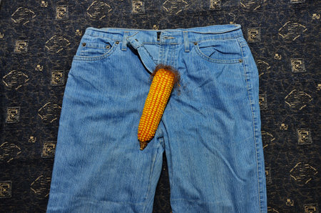The corn fruit on the trousers symbolizes the man 's erotic power. Men have health problems. Erotica...