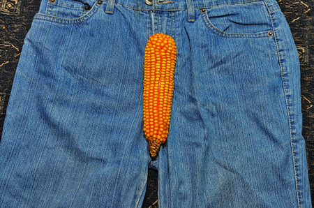 The corn fruit on the trousers symbolizes the man 's erotic power. Men have health problems. Erotica...