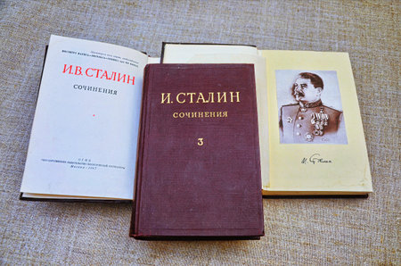 November, 2020. Lviv. Ukraine. Books with a portrait of Stalin and his written works.