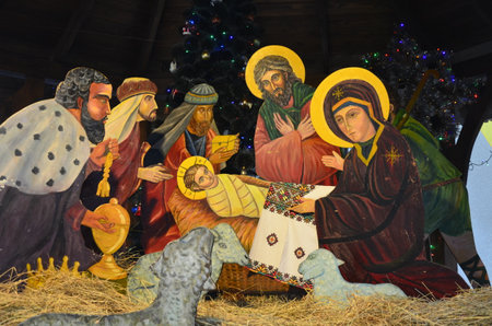 January 2020. Lviv. Ukraine.Traditional Christmas decoration. The scene of the birth of Jesus Christ. christmas nativity scene.christmas scene with gospel biblical statues.symbols of the star of Bethlehem as they celebrate.のeditorial素材