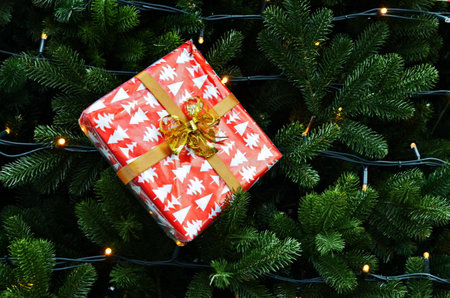 Christmas decoration on abstract background, the decorated Christmas tree, bright Christmas garlands and jewelry, soft focusの写真素材