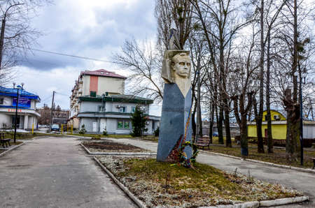 Zdolbuniv. Rivne region. Ukraine. March 2021 Monument to Stepan Bandera. Stepan Bandera is a Ukrainian politician, a fighter for Ukraine's independence in the twentieth century.のeditorial素材