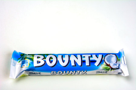 Lviv. Ukraine. March 2021 Bounty chocolate bar. Studio shot, image on white background.Bounty candy...