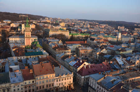 Lviv. Ukraine. September 2020. Lviv bird's-eye view of from of the City Hall.General view from the roof. View on the Square Rynok from the roof of the City Hall Lvov cityscape.のeditorial素材