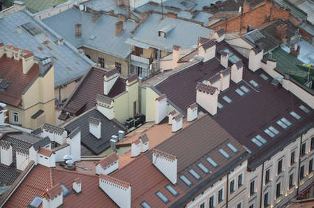 Lviv. Ukraine. September 2020. Lviv bird's-eye view of from of the City Hall.General view from the roof. View on the Square Rynok from the roof of the City Hall Lvov cityscape.のeditorial素材