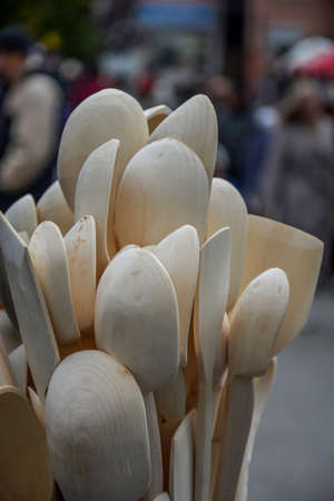 Wooden spoons made of natural wood on burlap fabric as a craft. Natural natural materials. Caring for the environment .spoons made of many different wood types.の写真素材