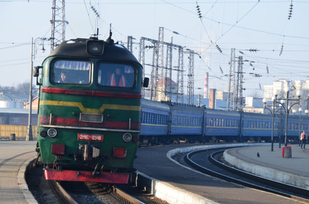 Lviv. Ukraine. July 2020.Train Station in Lviv which are passenger trains and carriages.Diesel...