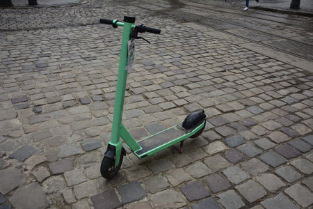Lviv. Ukraine. May, 2021.rental electric scooters on the city street.Electric scooter economical...