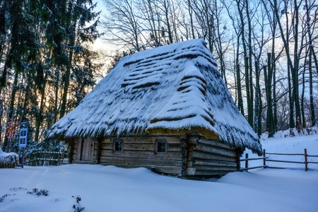 old snow-covered Ukrainian house in winter.Museum in Lviv Shevchenko guy.Museum of Folk Architecture and Everyday Life of Ukraine.のeditorial素材