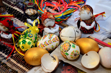 Spring, handmade painted Easter eggs .Mix of colored eggs with the traditional designs .Traditional...
