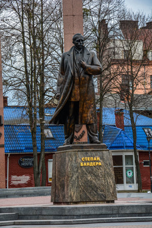 Lviv, Lviv region Ukraine - February 24, 2022: Monument to Stepan Bandera, national hero of Ukraine, fighter for independence.のeditorial素材