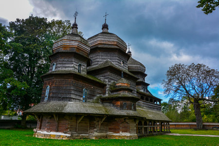 Drohobych, Lviv Oblast, Ukraine .September 2021.Old wooden St. George's Church of 15th-16th centuries in style of the Ukrainian Renaissance, south facade. Site is on UNESCO world heritage list.のeditorial素材