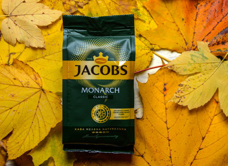 20.10.2022 Ukraine, Lviv, a shelf in a supermarket with packs of Jacobs in grains. Aromatic,...