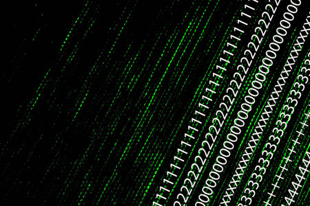 Cyberspace with digital lines, binary hanging chain.Digital binary code numbers . laptop computer...