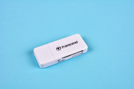 Lviv.Ukraine. December 2022. A Transcend USB card reader for transferring images from camera to...