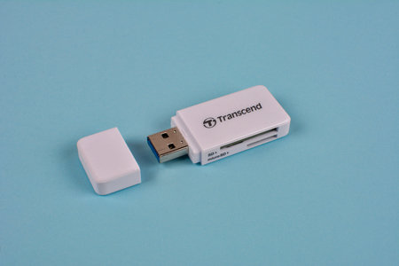 Lviv.Ukraine. December 2022. A Transcend USB card reader for transferring images from camera to...