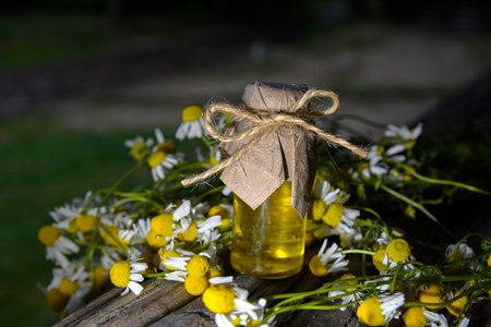 Small glass bottle with essential roman chamomile oil on the old wooden background. Chamomile flowers, close up. Aromatherapy, spa and herbal medicine ingredients. copyspace.の写真素材