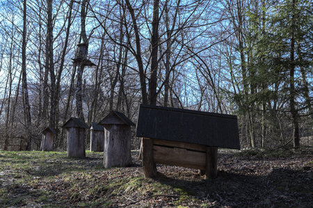 Ancient apiary with wooden bee hives.An ancient apiary with artificial hives made of straw and tree.Ancient beehives located somewhere in central europe.の写真素材
