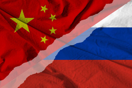 Crumpled flags. Flag of the People's Republic of China. Russian flag.の写真素材