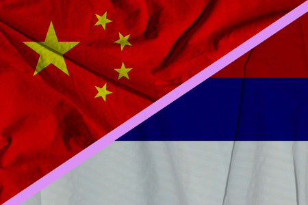 Crumpled flags. Flag of the People's Republic of China. Russian flag.の写真素材