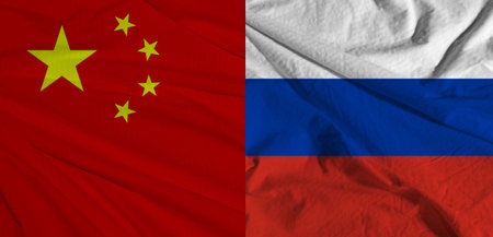 Crumpled flags. Flag of the People's Republic of China. Russian flag.の写真素材
