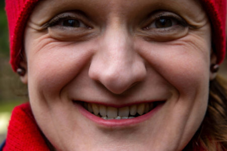 Beauty portrait of young woman.Portrait of young happy woman looks in camera.の写真素材