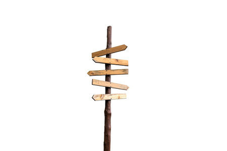 Empty wooden road signs on white background.Wooden signs in the form of arrows in the forest. Empty boards for descriptions.の写真素材