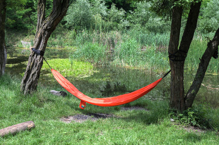 Hammock made of natural fabric, suspended from ropes in the garden on trees.Hammock hanging in forest.の写真素材