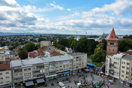 Drohobych, Ukraine - July 2023.Aerial view of the roofs of houses in the center of Drohobych.Panoramic view of Drohobych.のeditorial素材