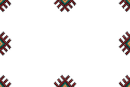 Traditional Ukrainian embroidery on white canvas as background, closeup. National handicraft.The...