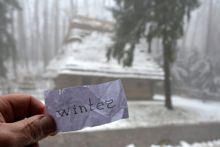 Happy Winter background. Hello Winter season. Cartoon illustration Template for Poster, Banner, Snowfall, Snowy weather. welcome winter design.winter inscription on the background of a snowy park