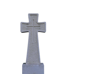 A stone cross with a traditional ornament engraved on granite. A symbol of memory, spirituality, and cultural heritage, perfect for religious, historical, or memorial themes.isolate on whiteの写真素材